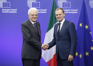 President of the European Council, Polish, Donald Tusk (R) welcomes  Sergio Mattarella, President of Italy (L)