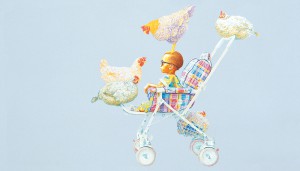 Un bambino nero, quattro galline bianche, una lilla-1995   olio su tela 180x100