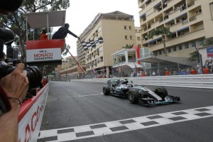 Winner German Formula One driver Nico Rosberg of Mercedes AMG GP crossing the finish line of the 2015 Monaco Formula One Grand Prix 