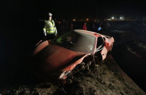 General view of the crashed vehicle of Chilean soccer player Arturo Vidal in Santiago
