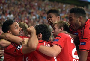 Leverkusen's players celebrate after Admir Mehmedi (unseen) scored the 2-0 during the UEFA Champions League play off second leg match between Bayer Leverkusen and Lazio Rome in Leverkusen, Germany, 26 August 2015.  EPA/Federico Gambarini
