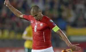 Switzerland's Goekhan Inler in action during the UEFA EURO 2016 group E qualifying soccer match between Lithuania and Switzerland at the LFF Stadium in Vilnius, Lithuania, on Sunday, June 14, 2015.  EPA/GEORGIOS KEFALAS