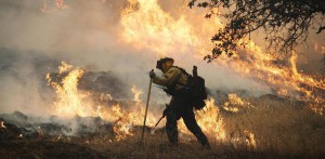 A firefighter lights a back burn along Highway 29 north of Middletown, Calif., Sunday, Sept. 13, 2015. Two of Californias fastest-burning wildfires in decades overtook at several Northern California towns, destroying over a hundred homes and sending residents fleeing Sunday. (Randy Pench/The Sacramento Bee via AP)  MAGS OUT; LOCAL TELEVISION OUT (KCRA3, KXTV10, KOVR13, KUVS19, KMAZ31, KTXL40)