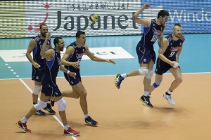  Italian players celebrate a point during the third round match between Italy and Argentina at the FIVB Volleyball Men's World Cup in Tokyo, Japan, 22 September 2015.  EPA/KIYOSHI OTA