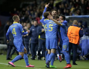 Players of FC BATE Borisov celebrate after scoring during the UEFA Champions League qualifying soccer match between FC BATE Borisov and AS Roma in Borisov, Belarus, 29 September 2015.  EPA/TATYANA ZENKOVICH