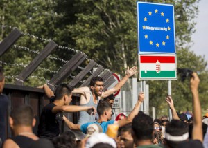 Migrants shout slogans at the closed railway border crossing between Serbia and Hungary, near Horgos, Serbia, 15 September 2015. EPA/BALAZS MOHAI HUNGARY OUT