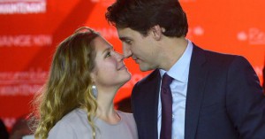 Liberal leader Justin Trudeau stands with his wife Sophie Gregoire at the Liberal party headquarters in Montreal, Tuesday, Oct. 20, 2015. Trudeau, the son of late Prime Minister Pierre Trudeau, became Canadas new prime minister after beating Conservative Stephen Harper. (Paul Chiasson/The Canadian Press via AP) MANDATORY CREDIT