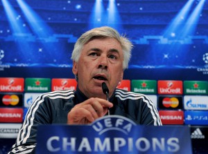 MADRID, SPAIN - MAY 12:  Head coach Carlo Ancelotti of Real Madrid holds a press conference after the team training session ahead of the UEFA Champions League Semi Final, Second Leg against Juventus at Valdebebas training ground on May 12, 2015 in Madrid, Spain.  (Photo by Denis Doyle/Getty Images)