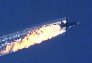 A still image made available on 24 November 2015 from video footage shown by the HaberTurk TV Channel shows a burning trail as a plane comes down after being shot down near the Turkish-Syrian border, over north Syria, 24 November 2015. A Russian fighter jet was shot down 24 November over the Turkish-Syrian border, the Defence Ministry in Moscow said, according to Interfax news agency. The Sukhoi Su-24 was reportedly downed by Turkish forces, Turkish state news agency Anadolu reported, citing sources in the presidency. The report said that the jet violated Turkish airspace and ignored warnings. It crashed in the north-western Syrian town of Bayirbucak, Turkish security sources were quoted as saying.     ANSA/HABERTURK TV CHANNEL 