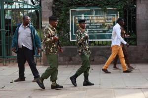 Kenya's Administration Police (AP) officers, (C) patrol in the streets of Nairobi, after security was beefed-up a day before the arrival of US President Barrack Obama in Nairobi, Kenya, 23 July 2015. US President Barack Obama is expected to visit the country in late July, his first visit to his father's homeland since becoming president.  EPA/DANIEL IRUNGU