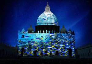 School of fish projected on St. Peter's Basilica. Photography by David Doubilet. Artistic rendering by Obscura Digital