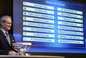 UEFA Competitions Director Giorgio Marchetti next to the electronic panel with the match fixtures following the draw of the 2015/16 UEFA Champions League Round of 16 at the UEFA Headquarters in Nyon, Switzerland, 14 December 2015.  EPA/LAURENT GILLIERON