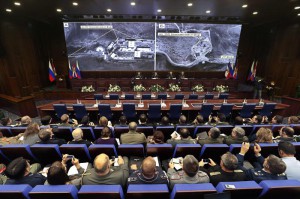 Russian military officials attend a briefing on the fight against terrorism in Syria at the National Defense Control Centre of the Russian Federation in Moscow, Russia, 02 December 2015.   EPA/YURI KOCHETKOV