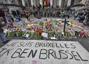 A banner for the victims of the bombings reads " I am Brussels" at the Place de la Bourse in the center of Brussels, Wednesday, March 23, 2016. (ANSA/AP Photo/Martin Meissner)