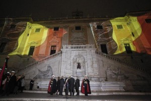  Capitoline Hill lit up in the colours of the Belgian flag on Tuesday evening as a tribute to the victims of terror attacks in Brussels which left at least 34 people dead, Rome, 22 March 2016. ANBSA/ GIUSEPPE LAMI