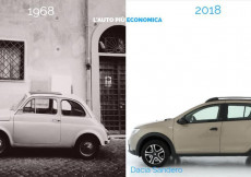 Nella foto due modelli a confronto: a sinistra una Fiat 500 del 1968, a destra una Dacia Senderos del 2018
