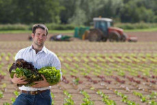 Un giovane imprenditore agricola mostra una raccolta di verdure.