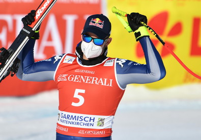 Dominik Paris esulta a fine discesa nella pista di Garmisch.