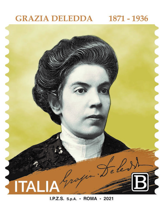 Un ritratto di Grazia Deledda compare sul francobollo emesso per ricordare i 150 anni dalla nascita della scrittrice; in basso sulla vignetta del valore postale compare anche la sua firma autografa,