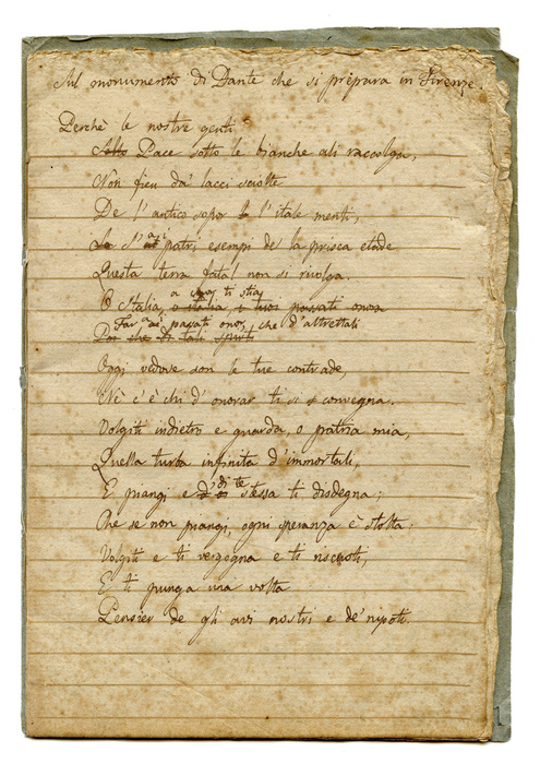 Il manoscritto del canto "Sopra il monumento di Dante che si preparava in Firenze", scritto nella città natale di Giacomo Leopardi tra settembre e ottobre 1818