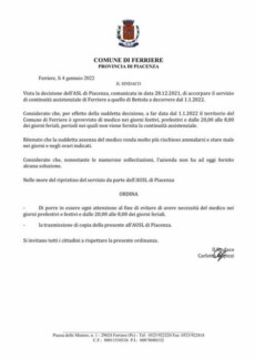 Copia dell'ordinanza del comune di Ferriere, nel Piacentino.