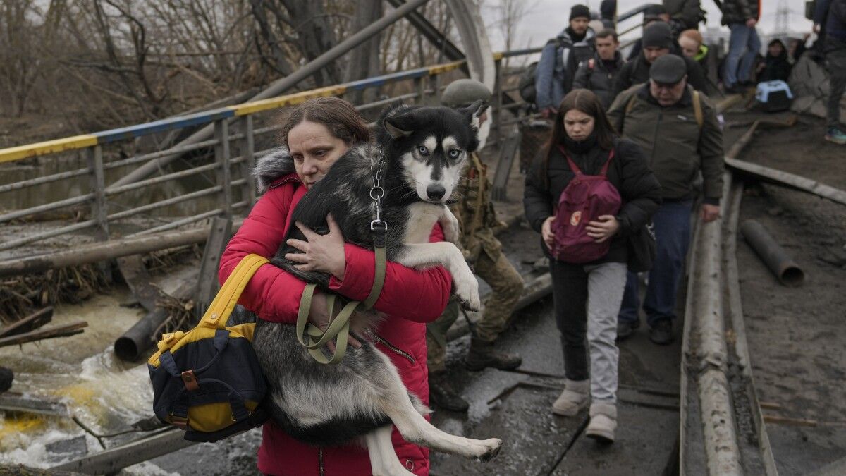Una donna fugge con il cane in braccio da Kiev. (ANSA)