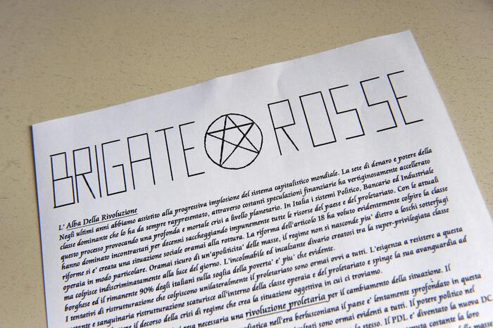 Il volantino firmato dalle Brigate Rosse arrivato alla redazione del quotidiano 'Il Secolo XIX' di Genova, Archivio.